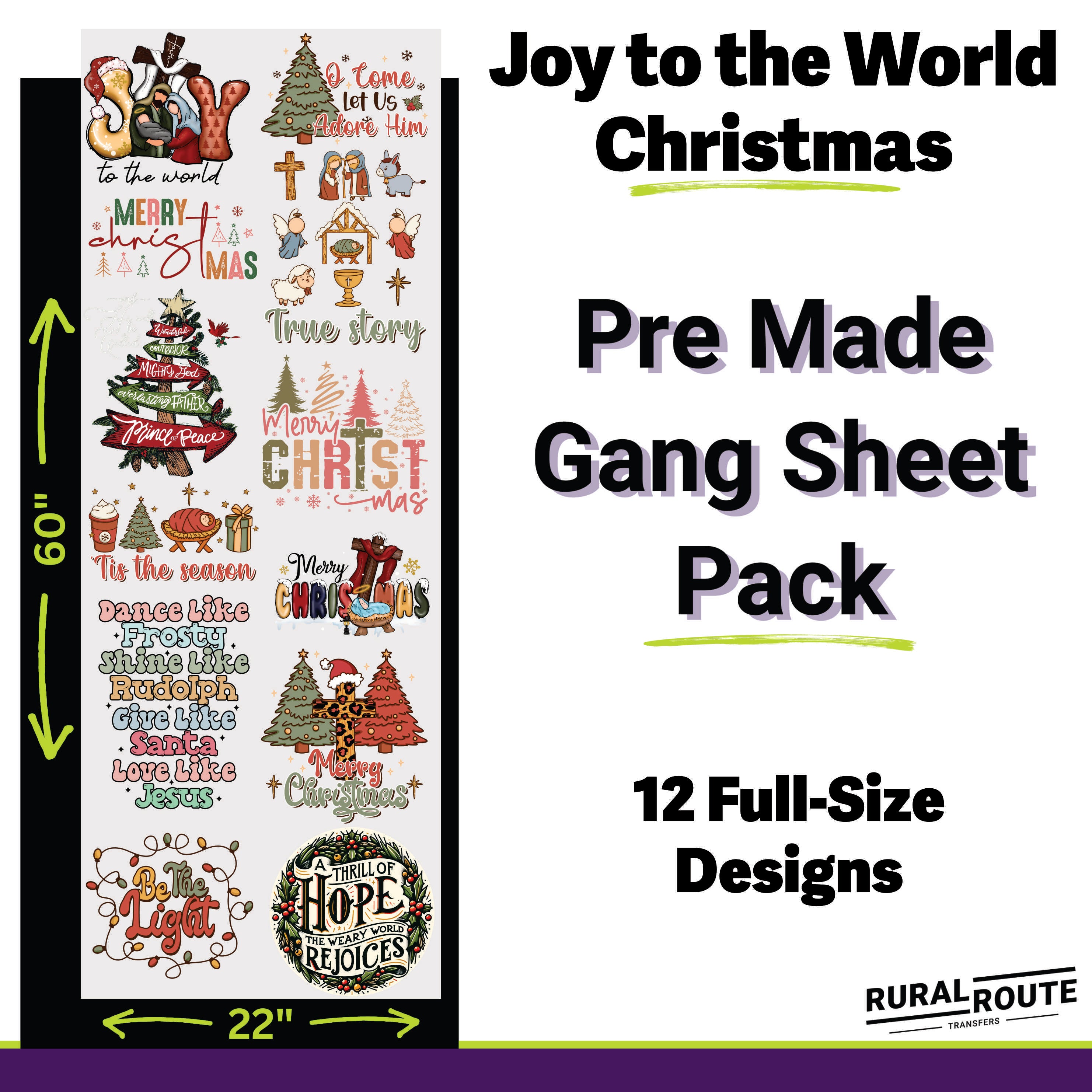 Joy to the World Christmas DTF Transfer Gang Sheet Pack - Faithful Holiday Prints