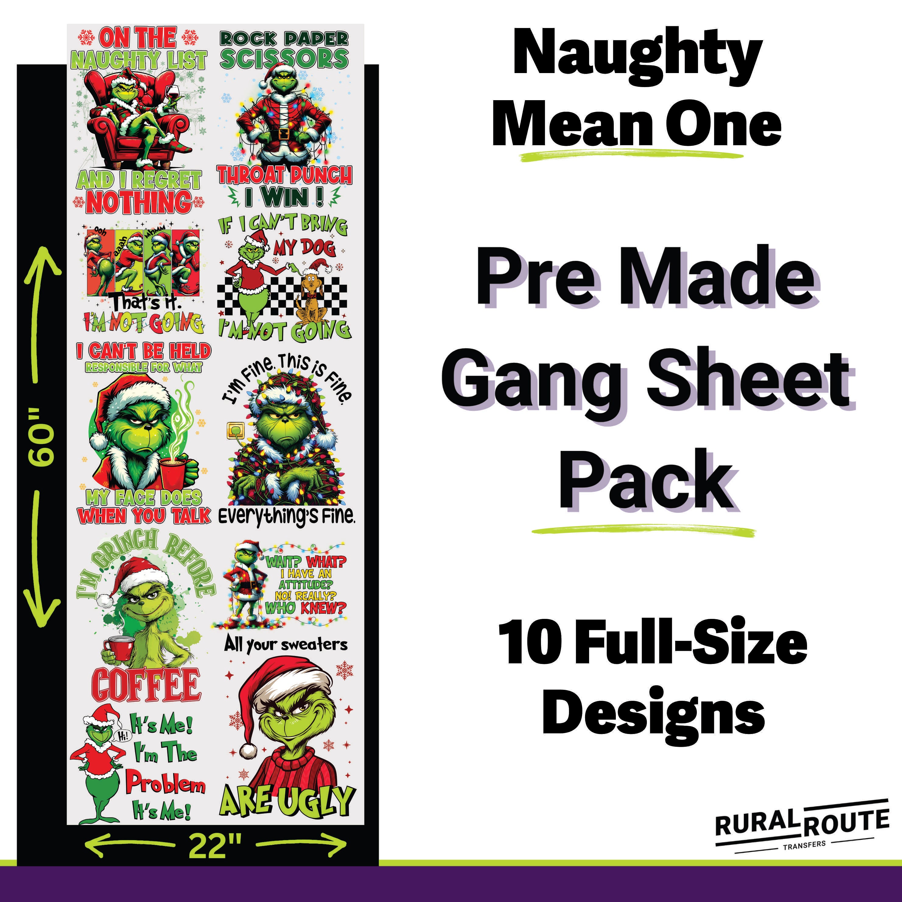 Naughty Mean One DTF Transfer Gang Sheet Pack - Fun and Sassy Holiday Vibes
