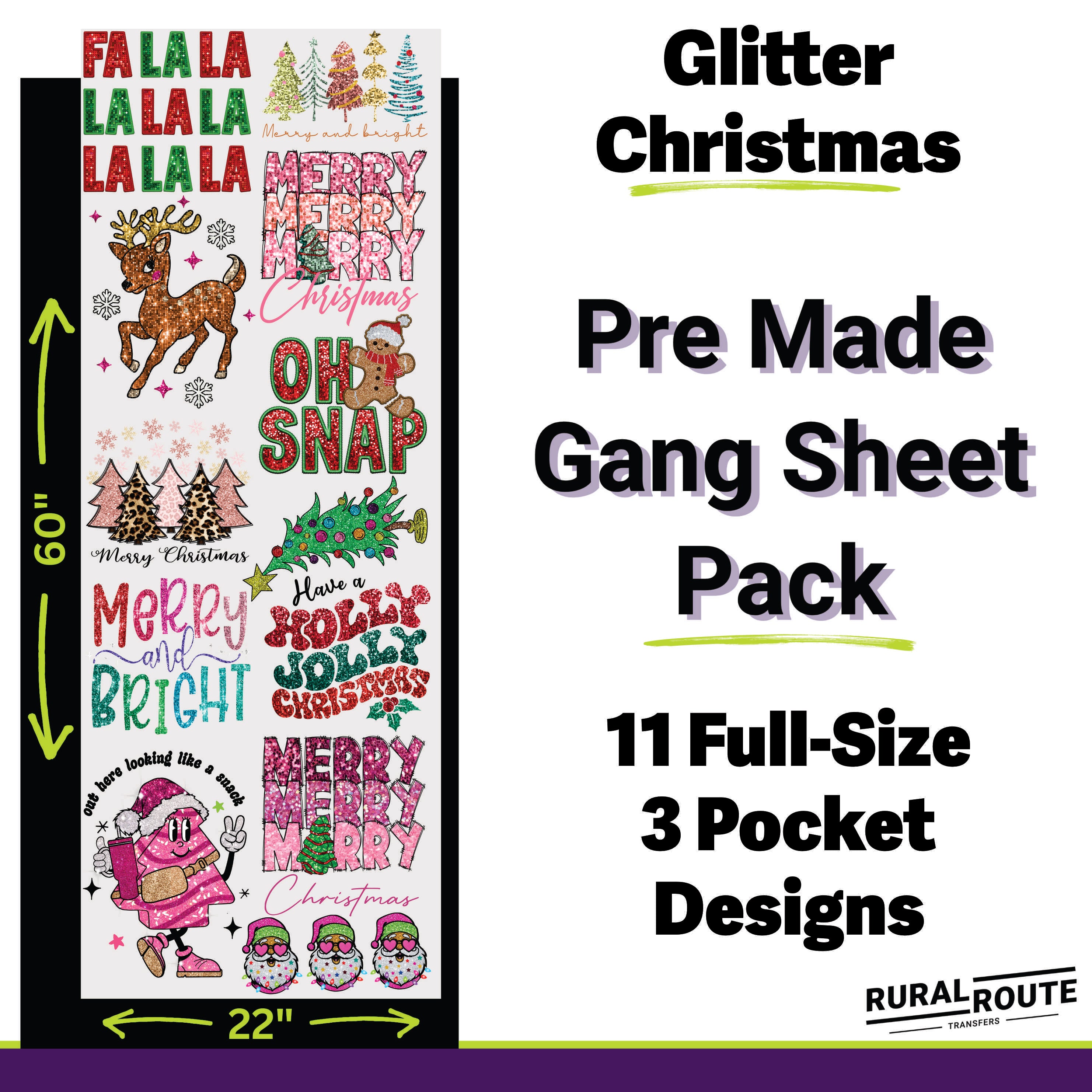 Glitter Christmas DTF Transfer Gang Sheet Pack - Sparkly and Fun Holiday Designs