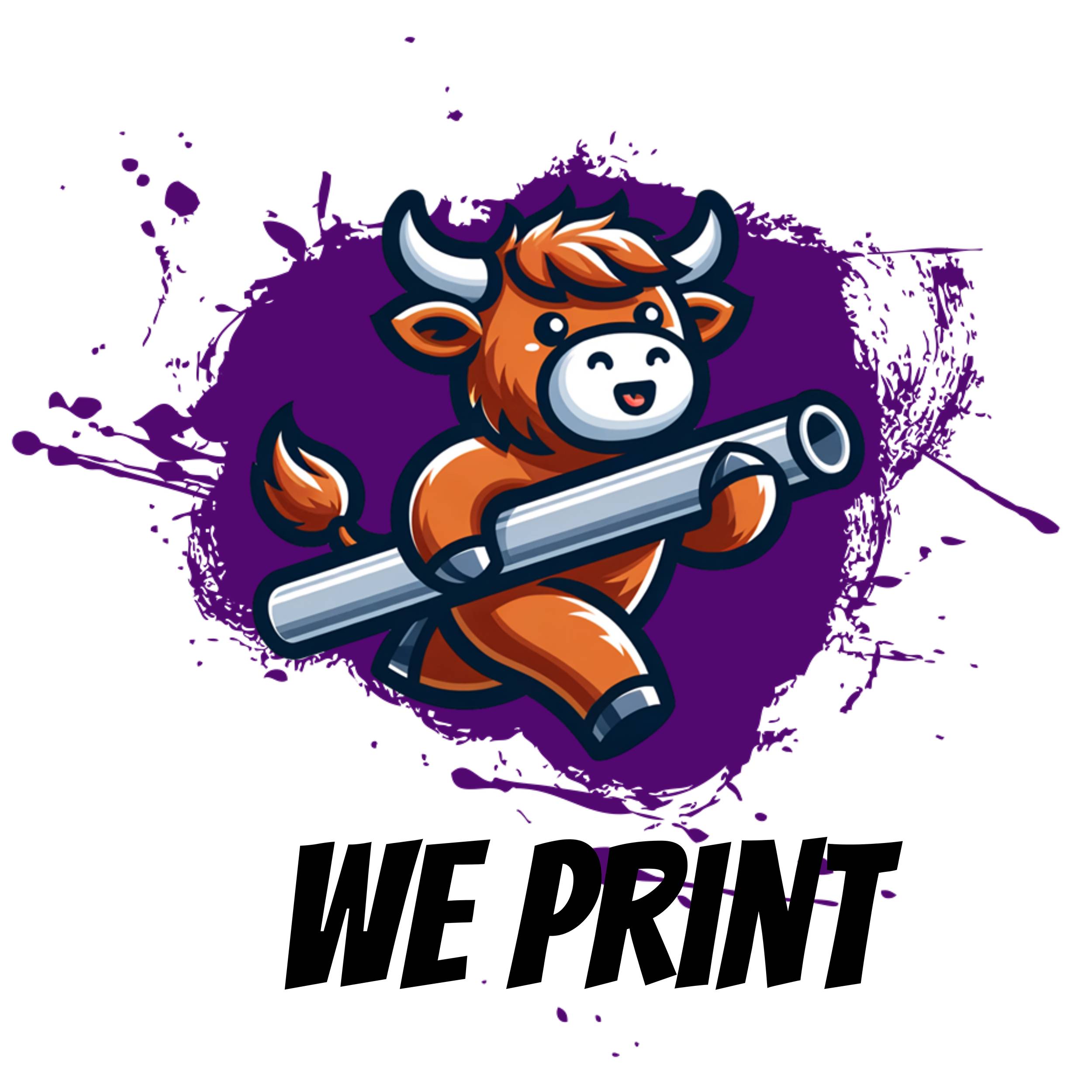 A cartoon cow presenting or delivering a completed gang sheet design, showcasing the final printed product ready for use or distribution.