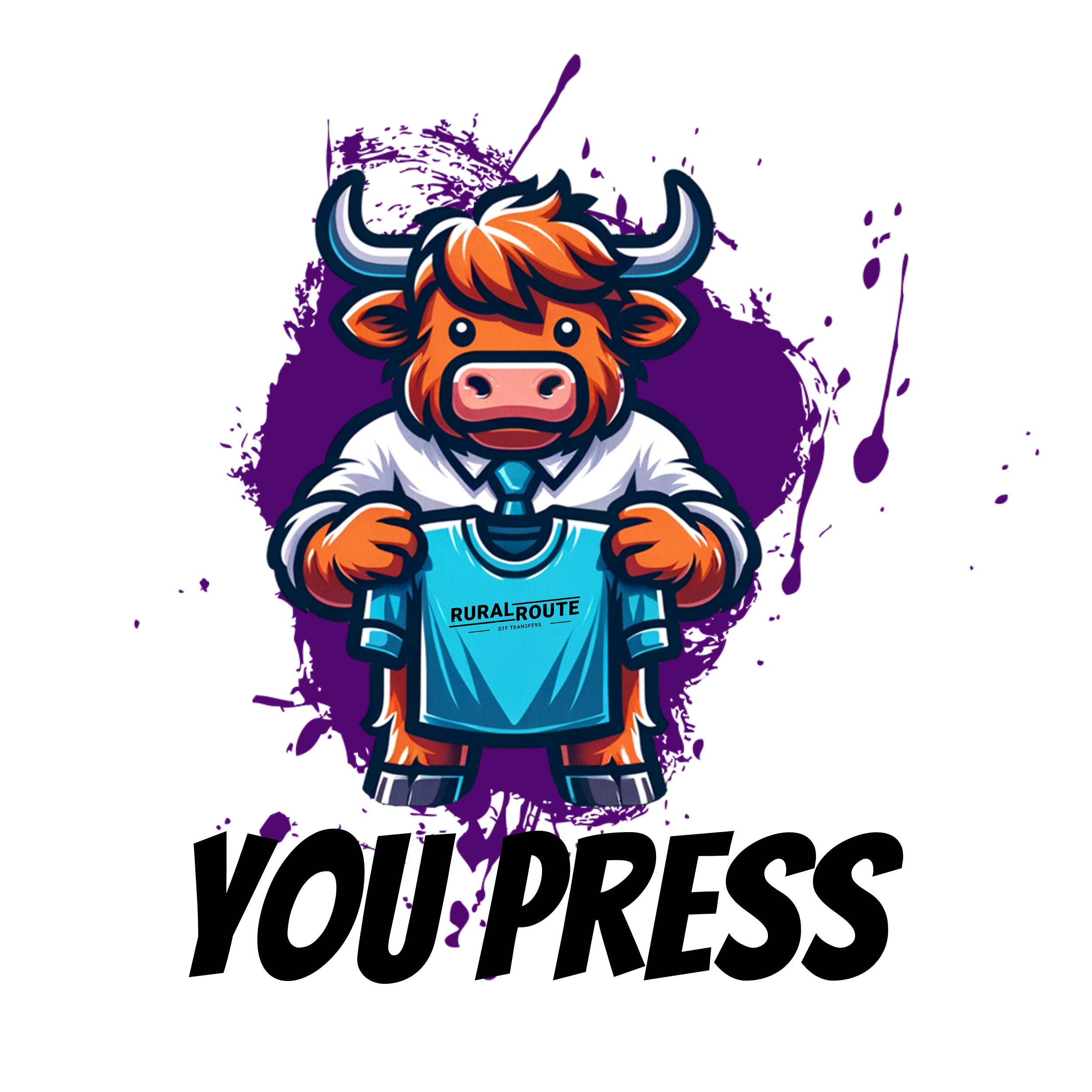 cartoon cow proudly holding up a freshly pressed T-shirt featuring a design from a gang sheet, demonstrating the final product after printing and pressing.