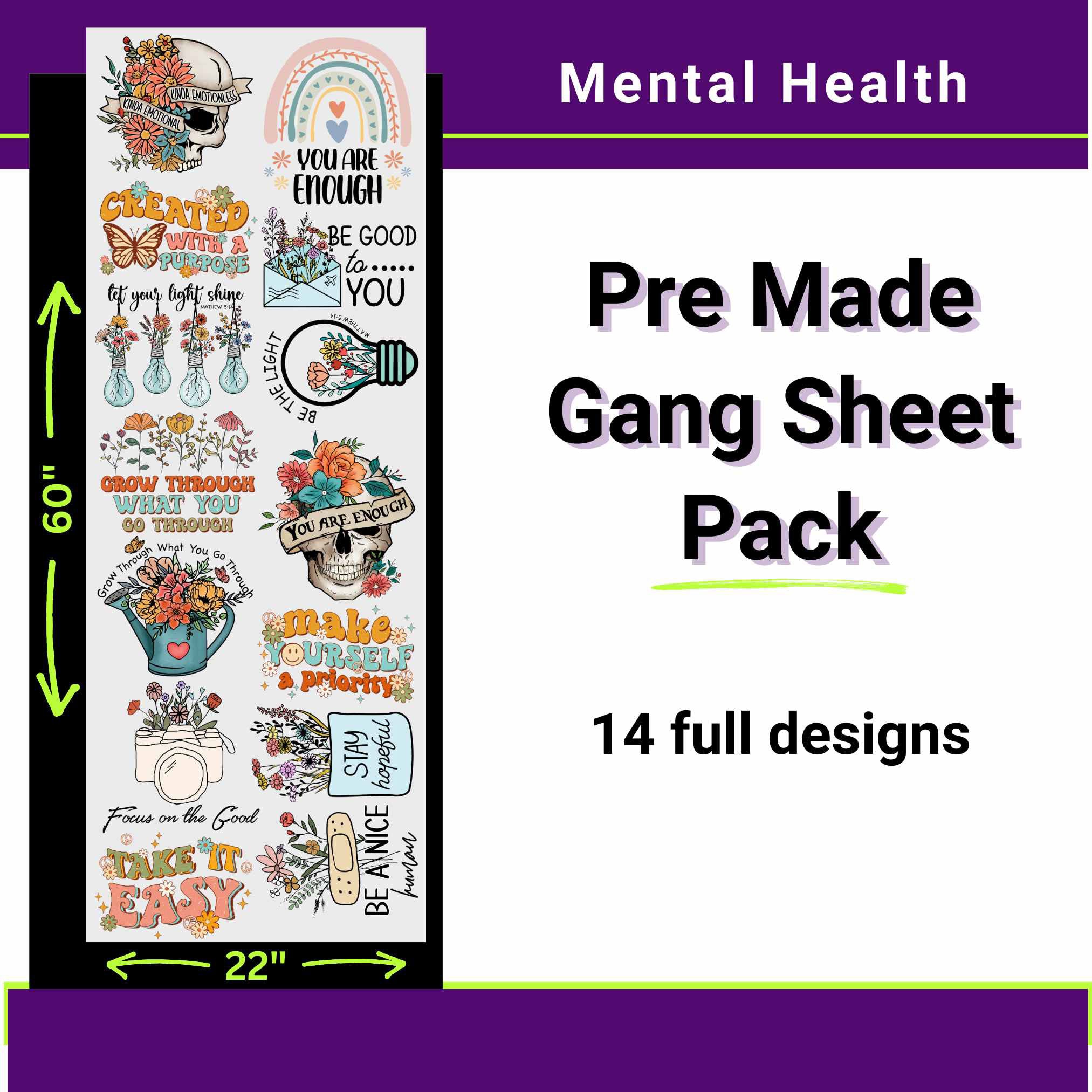 Mental Health photo of a DTF Transfer gang sheet