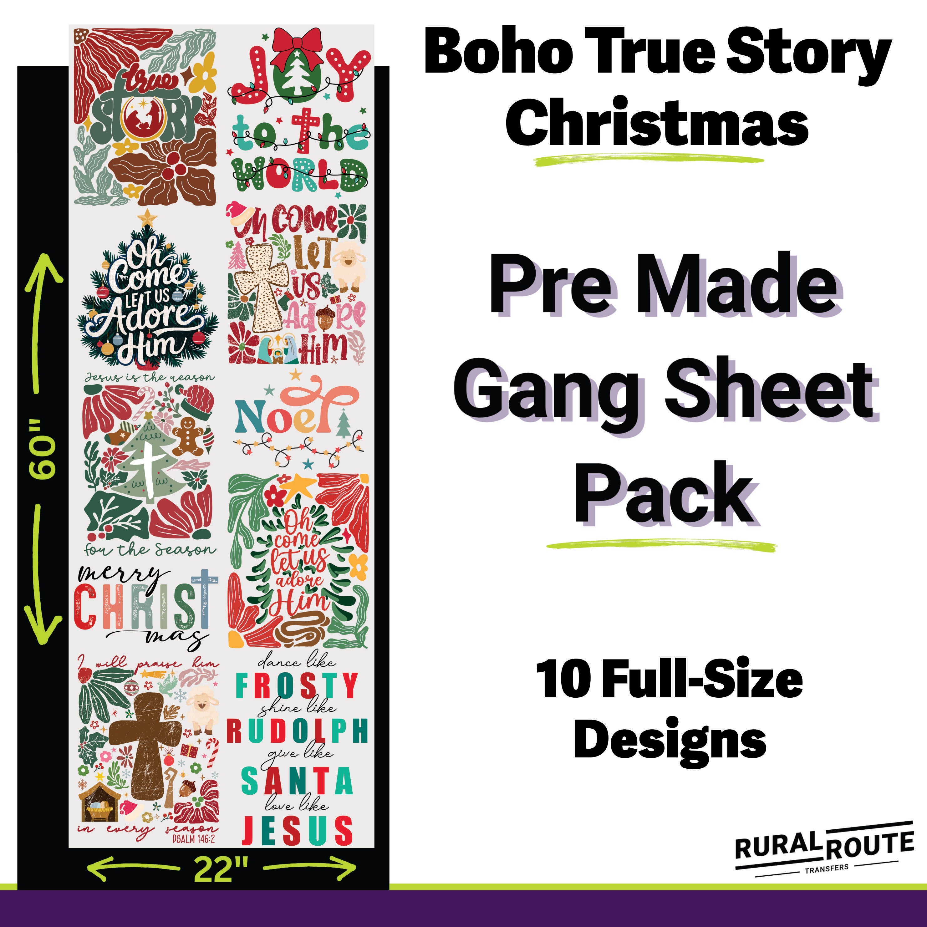 Boho True Story Christmas DTF Transfer Gang Sheet Pack - Faith-Inspired Holiday Apparel