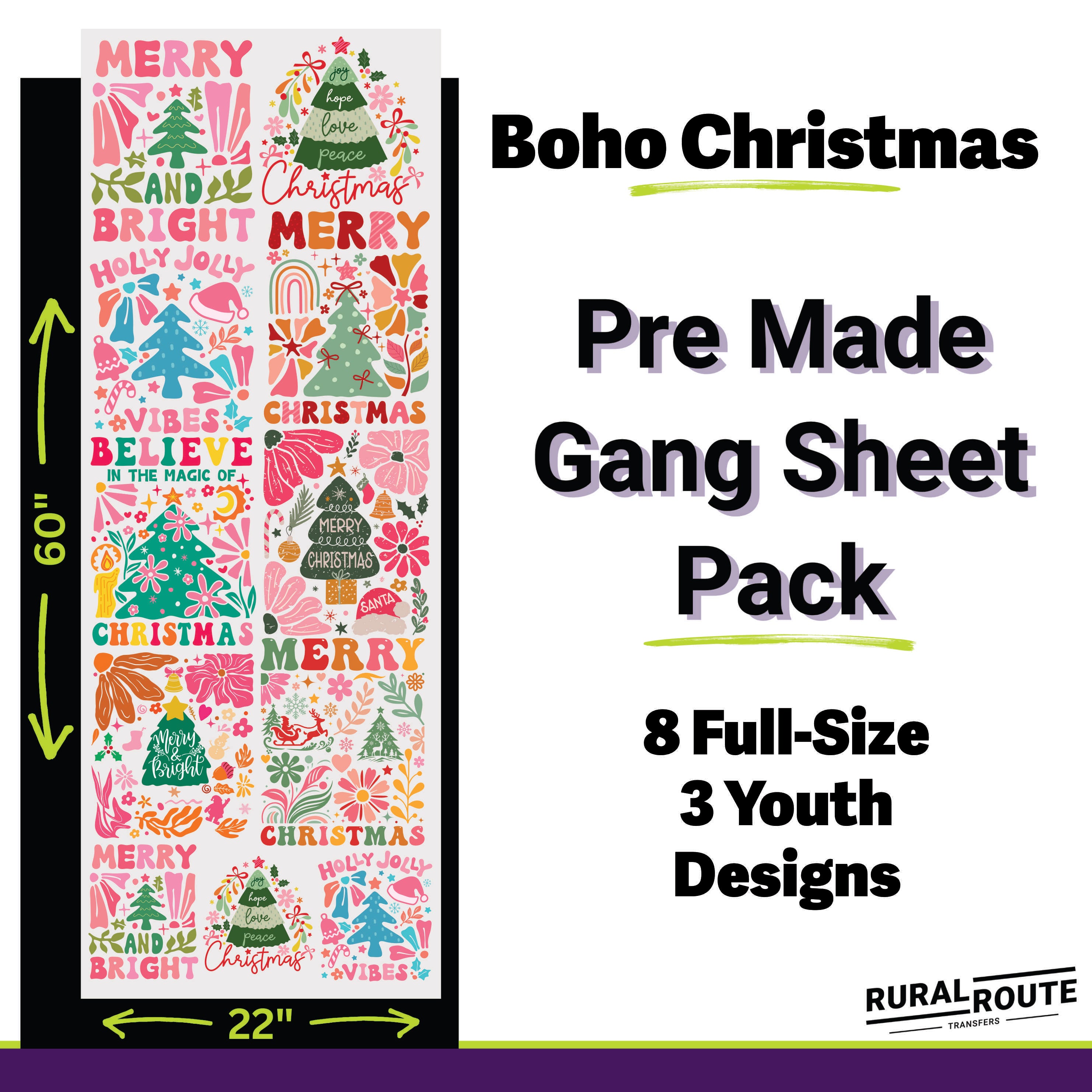 Boho Christmas DTF Transfer Gang Sheet Pack - Festive Bohemian Style Prints