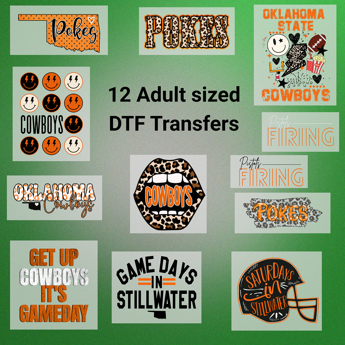 Oklahoma Orange Football, DTF Transfer Pack perfect for applying to apparel.