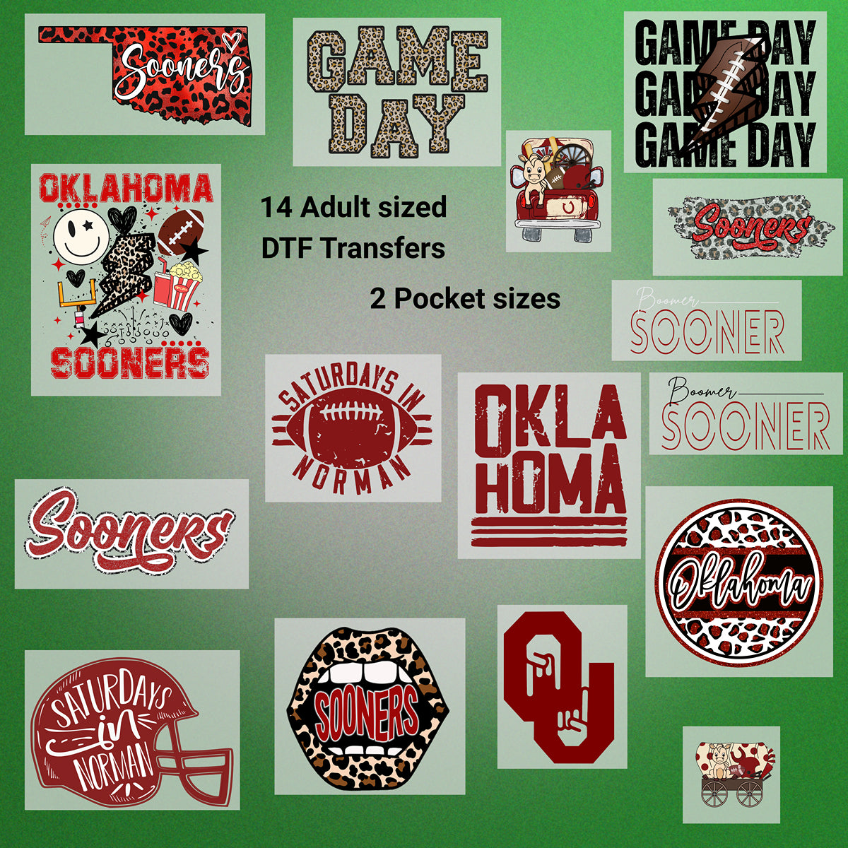 Oklahoma Crimson Football, DTF Transfer Pack perfect for applying to apparel.
